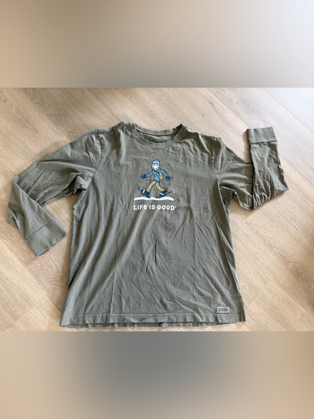 Life Is Good Men's Tee in Olive with Jake’s Snowshoe Graphic
